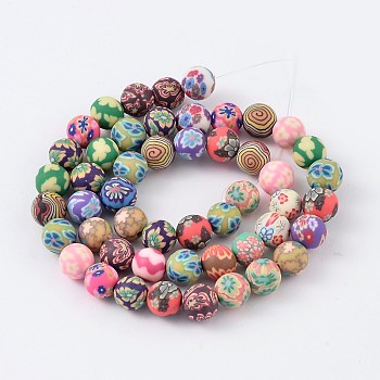 Handmade Polymer Clay Beads, Round with Floral Pattern, Mixed Color, 8mm