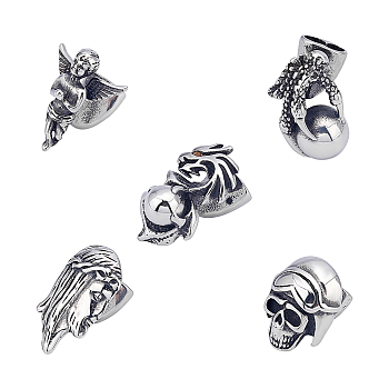 Unicraftale 5Pcs 5 Style 304 Stainless Steel Hook Clasps, For Leather Cord Bracelets Making, Skull & Claw with Ball & Dragon with Ball & Man & Prayer Angel, Antique Silver, 1pc/style