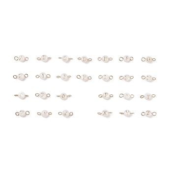 26Pcs 26 Styles Natural Freshwater Shell Beads Connector Charms, with Golden Tone 304 Stainless Steel Double Loops, Flat Round with Letter A~Z, Seashell Color, 12x5.5x3.5mm, Hole: 2~2.5mm, 1pc/style