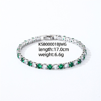 Brass Micro Pave Cubic Zirconia Slider Bracelets for Woman, Square, Green, Inner Diameter: 6-3/4 inch(17cm)