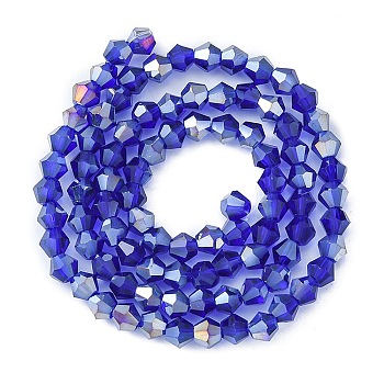 Transparent Glass Beads, AB Color Plated, Faceted Bicone, Blue, 4x4mm, Hole: 1mm, about 92~96pcs/strand, 13.78~14.37 inch