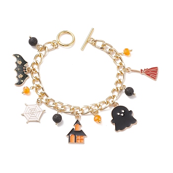 Alloy Enamel Ghost & Bat & Broom & Natural Lava Rock Charm Bracelet, Halloween Jewelry for Women, Colorful, 7-1/2 inch(19.2cm)
