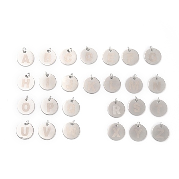 304 Stainless Steel Charms, with Jump Rings, Laser Cut, Flat Round with Letter, Stainless Steel Color, 13x0.8mm, Hole: 2.5mm