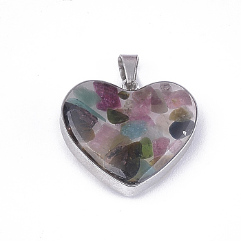 Natural Tourmaline Pendants, with Glass and 304 Stainless Steel Findings, Heart, Stainless Steel Color, 19x21x6mm, Hole: 3x5.5mm