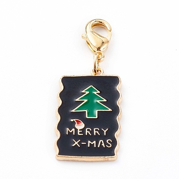 Christmas Themed Alloy Enamel Pendants, with Brass Lobster Claw Clasps, Rectangle with  Christmas Tree, Colorful, 38mm