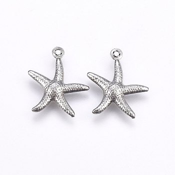 304 Stainless Steel Pendants, Starfish/Sea Stars, Stainless Steel Color, 17.5x15x2mm, Hole: 1mm