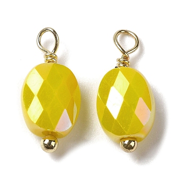 Electroplate Glass Charms, with Real 18K Gold Plated Brass Loop, Faceted Oval Charm, Yellow, 13.5x6x4mm, Hole: 1.6mm