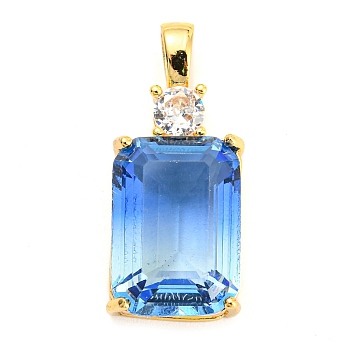 Brass Pave Cubic Zirconia Pendants, Real 14K Gold Plated, Rectangle, Dodger Blue, 23.5x10.5x7mm, Hole: 3.5x2.5mm