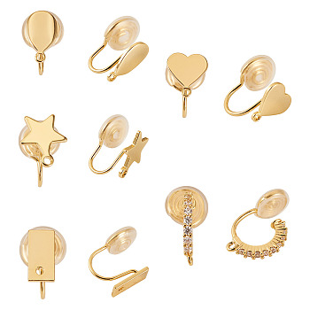 10Pcs 5 Styles Brass Micro Pave Cubic Zirconia Clip-on Findings, with Loop, Long-Lasting Plated, Nickel Free, Mixed Shape, Real 18K Gold Plated, 15~21x9~13.5mm, 2pcs/set