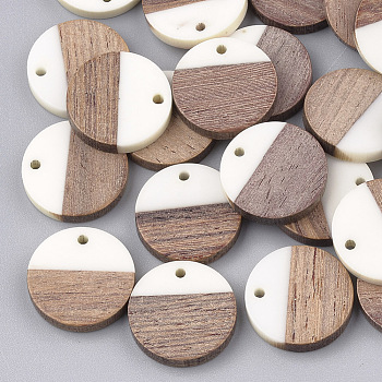 Resin & Wood Pendants, Flat Round, White, 18x3.5mm, Hole: 1.5mm