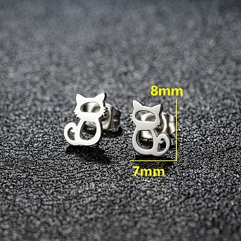 201 Stainless Steel Stud Earrings, Stainless Steel Color, Cat Shape, 8x7mm
