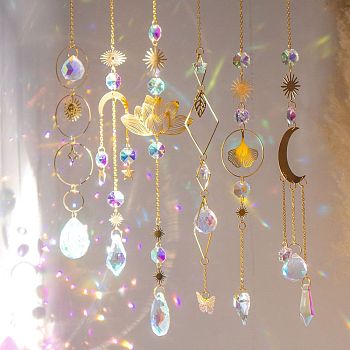 6 Pcs Glass Pendant Decorations,  with Brass Finding, for Home Bedroom Hanging Decorations, Sun, Golden, Packing: 100x100x35mm