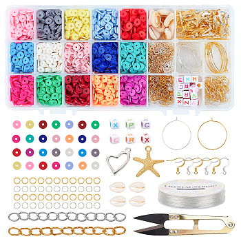 DIY Jewelry Set Makings, with Alloy Pendants, Brass Earring Hooks & Hoop Earrings Findings, Cowrie Shell/Polymer Clay/Acrylic Beads, Steel Scissors, Elastic Thread, Iron Chain Extender & Jump Rings, Mixed Color, 218x110x30mm