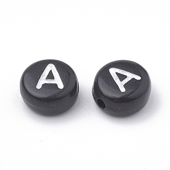 Opaque Acrylic Beads, Horizontal Hole, Alphabet Style, Flat Round, Letter.A, 7x4mm, Hole: 1.5mm, about 3700pcs/500g