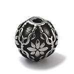304 Stainless Steel Beads, Round with Flower Pattern, Antique Silver, 9.5mm, Hole: 1.8mm(STAS-D222-04AS-01)