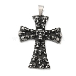 Halloween 304 Stainless Steel Pendants, Cross with Skull Charm, Antique Silver, 48x37.5x6.5mm, Hole: 9x4.5mm(STAS-Z046-01C-AS)