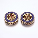 Handmade Indonesia Beads, with Brass Findings, Nickel Free, Flat Round with Clover, Raw(Unplated), Blue, 28~28.5x7.5~8.5mm, Hole: 2mm(IPDL-F023-10A)
