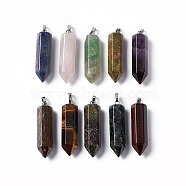 Natural & Synthetic Gemstone Double Terminated Pointed Pendants, with Platinum Tone Brass Findings, Bullet, 39x10x10mm, Hole: 3x6mm(G-G926-01P)