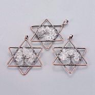 Natural Quartz Crystal Pendants, with Brass Findings, Star, Red Copper, 52x43x5~6mm, Hole: 5x8mm(KK-P180-A05-R)