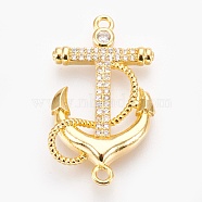 Brass Micro Pave Cubic Zirconia Links, Lead Free & Cadmium Free & Nickel Free, Long-Lasting Plated, Anchor, Clear, Real 18K Gold Plated, 31x18x4mm, Hole: 1.5mm(ZIRC-E153-03G-NR)