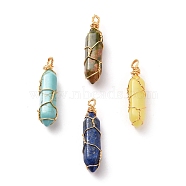Natural Mixed Gemstone Wire Wrapped Pendants, with Golden Plated Brass Wire, Bullet, Golden, 38~41x10~11x10~11mm, Hole: 3mm(PALLOY-JF00522)