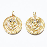 Brass Micro Pave Cubic Zirconia Pendants, Real 16K Gold Plated, with Jump Rings, Nickel Free, Flat Round with Leopard, Clear, 23x21x5.5mm, Hole: 3mm(ZIRC-N039-124B-NF)