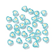 Transparent Glass Beads, with Enamel, Heart with Flower Pattern, Cyan, 12x12x6.5mm, Hole: 0.9mm(GLAA-C026-03D)