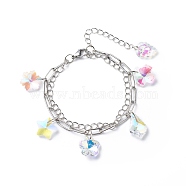Colorful Rhinestone Flower & Star & Leaf & Cross Charms Multi-strand Bracelet, 304 Stainless Steel Chains Double Layer Bracelet for Women, Stainless Steel Color, 7-1/4 inch(18.3cm)(BJEW-JB08703)