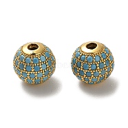 925 Sterling Silver Micro Pave Cubic Zirconia Beads, Round, Real 18K Gold Plated, Sky Blue, 10x9mm, Hole: 2.2mm(STER-H110-24C-07G)