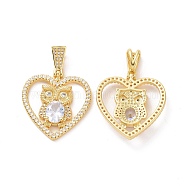 Brass Micro Pave Clear Cubic Zirconia Pendants, Heart with Owl Charms, Golden, Clear, 32.5x30x6mm, Hole: 3.5x8mm(ZIRC-F134-18G-03)