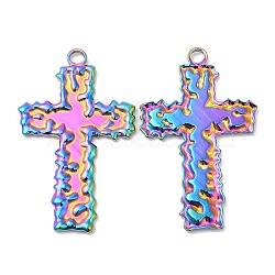304 Stainless Steel Pendants, Cross Charm, Rainbow Color, 38x23.5x2mm, Hole: 3mm(STAS-Z041-38RC)
