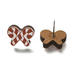 Christmas Printed Wood Stud Earrings for Women, with 316 Stainless Steel Pin, Platinum, Bowknot, 11x15mm, Pin: 0.6mm(EJEW-U025-01B)