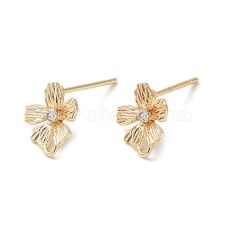 Brass Micro Pave Cubic Zirconia Stud Earring Finding, Flower, with Horizontal Loop, Nickel Free, Real 18K Gold Plated, 9x7.8mm, Hole: 3x0.7mm, Pin: 0.7mm(KK-C028-09G)