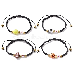 4Pcs 4 Style Sport Theme Acylic & Alloy Braided Bead Bracelets Set, Nylon Thread Adjustable Bracelets, Mixed Color, Inner Diameter: 2-1/4~3-1/2 inch(5.5~9cm), 1Pc/style(BJEW-JB10122)