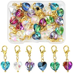 24Pcs 6 Styles Glass Pendant Decorations, Heart, with Alloy Lobster Claw Clasps, Golden, Mixed Color, 29mm, 4pcs/style(HJEW-YW00497)
