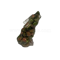 Resin Wolf Display Decoration, with Natural Unakite Chips Inside for Home Office Desk Decoration, 15x25x50mm(PW-WG87335-03)