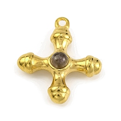 Natural Gray Aventurine & 304 Stainless Steel Cross Pendants, Golden, 23x20x6mm, Hole: 1.6mm(STAS-H221-01G-01)