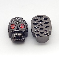 Fashionable Brass Micro Pave Cubic Zirconia Skull Hollow Beads, Cadmium Free & Nickel Free & Lead Free, Gunmetal, 13x10x7mm, Hole: 2mm(ZIRC-L007-07B)