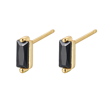Cubic Zirconia Rectangle Stud Earrings, Golden 925 Sterling Silver Post Earrings, with 925 Stamp, Black, 7.8x3mm