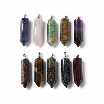 Natural & Synthetic Gemstone Double Terminated Pointed Pendants, with Platinum Tone Brass Findings, Bullet, 39x10x10mm, Hole: 3x6mm