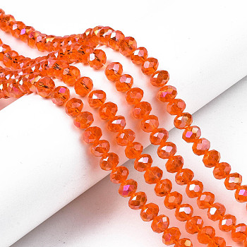 Electroplate Glass Beads Strands, AB Color Plated, Faceted, Rondelle, Dark Orange, 3.5~3.8x3mm, Hole: 0.4mm, about 113~115pcs/strand, 32~33cm