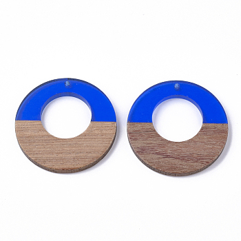 Resin & Walnut Wood Pendants, Ring, Blue, 38x3.5mm, Hole: 2mm