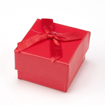 Cardboard Jewelry Earring Boxes, with Ribbon Bowknot and Black Sponge, for Jewelry Gift Packaging, Square, Red, 5x5x3.5cm