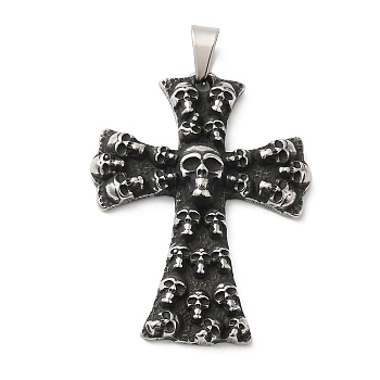 Halloween Titanium Steel Pendants, Cross with Skull Charm, Antique Silver, 48x37.5x6.5mm, Hole: 9x4.5mm