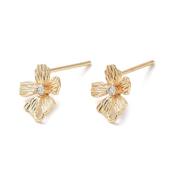Brass Micro Pave Cubic Zirconia Stud Earring Finding, Flower, with Horizontal Loop, Nickel Free, Real 18K Gold Plated, 9x7.8mm, Hole: 3x0.7mm, Pin: 0.7mm