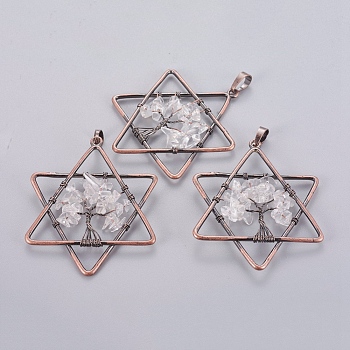 Natural Quartz Crystal Pendants, with Brass Findings, Star, Red Copper, 52x43x5~6mm, Hole: 5x8mm
