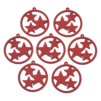 Spray Painted Alloy Pendants, Cadmium Free & Nickel Free & Lead Free, Flat Round with Star, Red, 34x31x1.5mm, Hole: 1.6mm