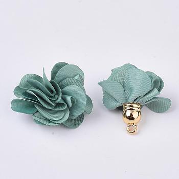 Cloth Pendant Decorations, with Acrylic Findings, Flower, Dark Cyan, 25~30x28~35mm, Hole: 2mm