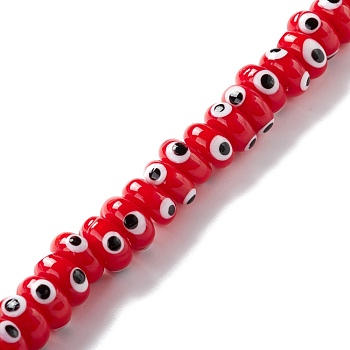 Handmade Evil Eye Lampwork Beads, Flat Round, Red, 9.5~10.5x5~5.5mm, Hole: 3.5~4mm, about 30pcs/strand, 5.71~5.91 inch(14.5~15cm)