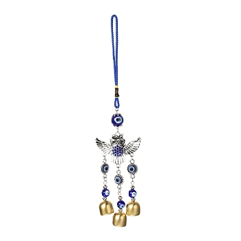 Car Hanging Owl Alloy Glass Rhinestone Wind Chime, with Evil Eye Resin Beads, Polyester Cord, Iron Bell, Antique Silver & Golden, 282mm